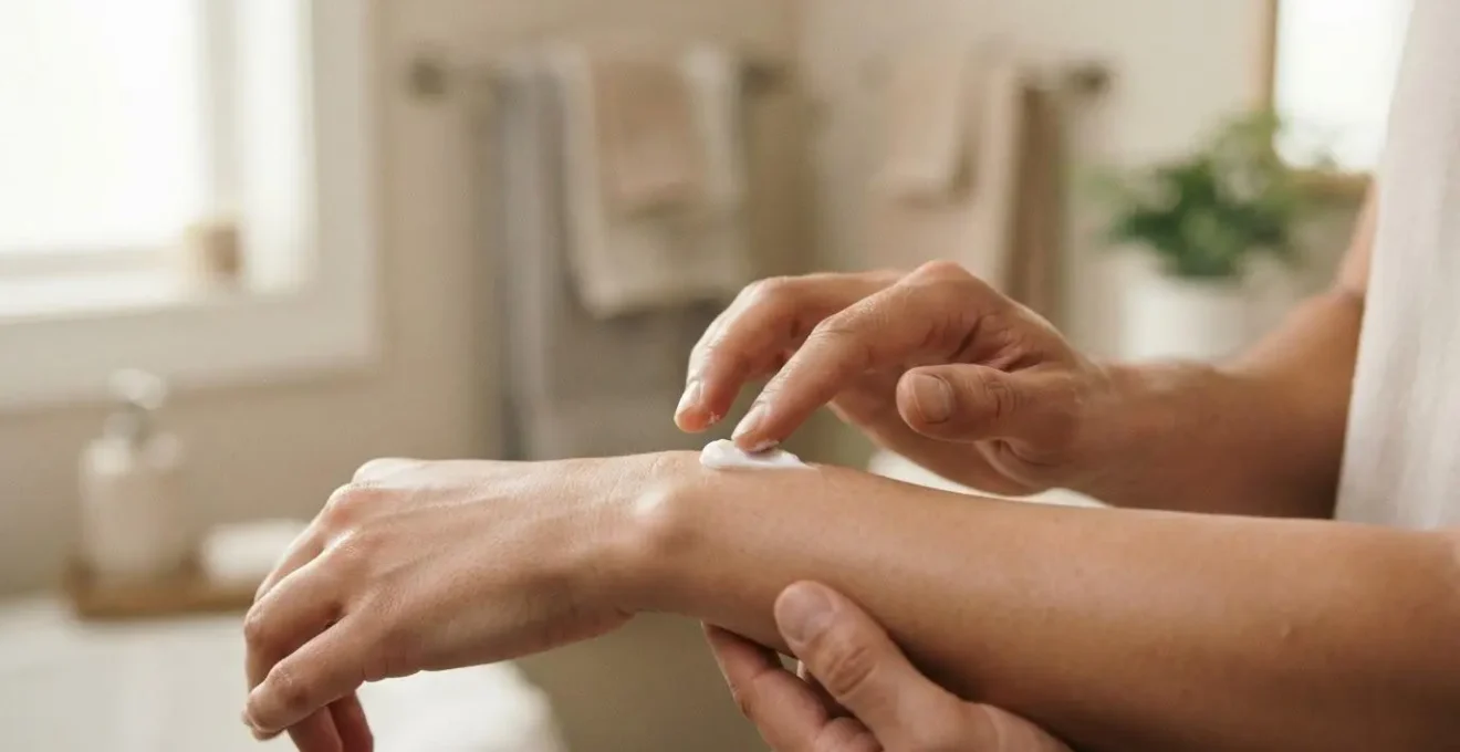 Main appliquant délicatement une fine couche de crème sur l'avant-bras, illustrant un usage maîtrisé des dermocorticoïdes