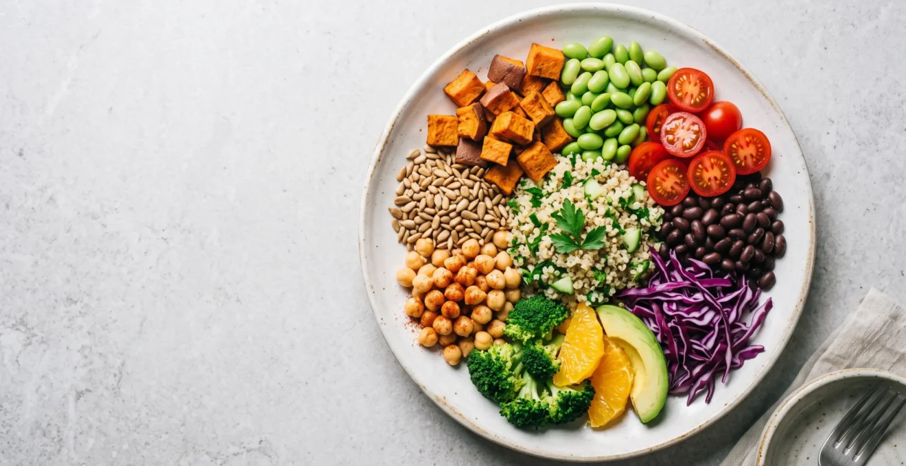 Assiette colorée et variée composée d'aliments naturellement sans allergènes majeurs, illustrant un équilibre nutritionnel sans monotonie