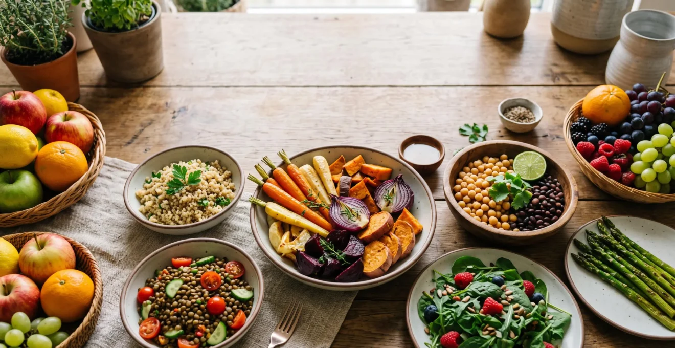 Table généreuse et colorée composée de plats variés et savoureux excluant gluten, lait et œuf