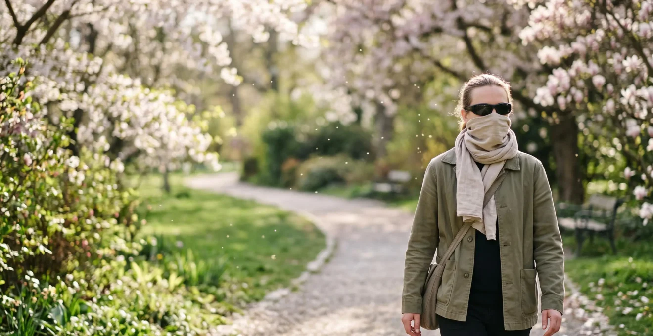 Personne marchant sereinement dans un parc au printemps, protégée par des lunettes enveloppantes et un col relevé face aux pollens en suspension