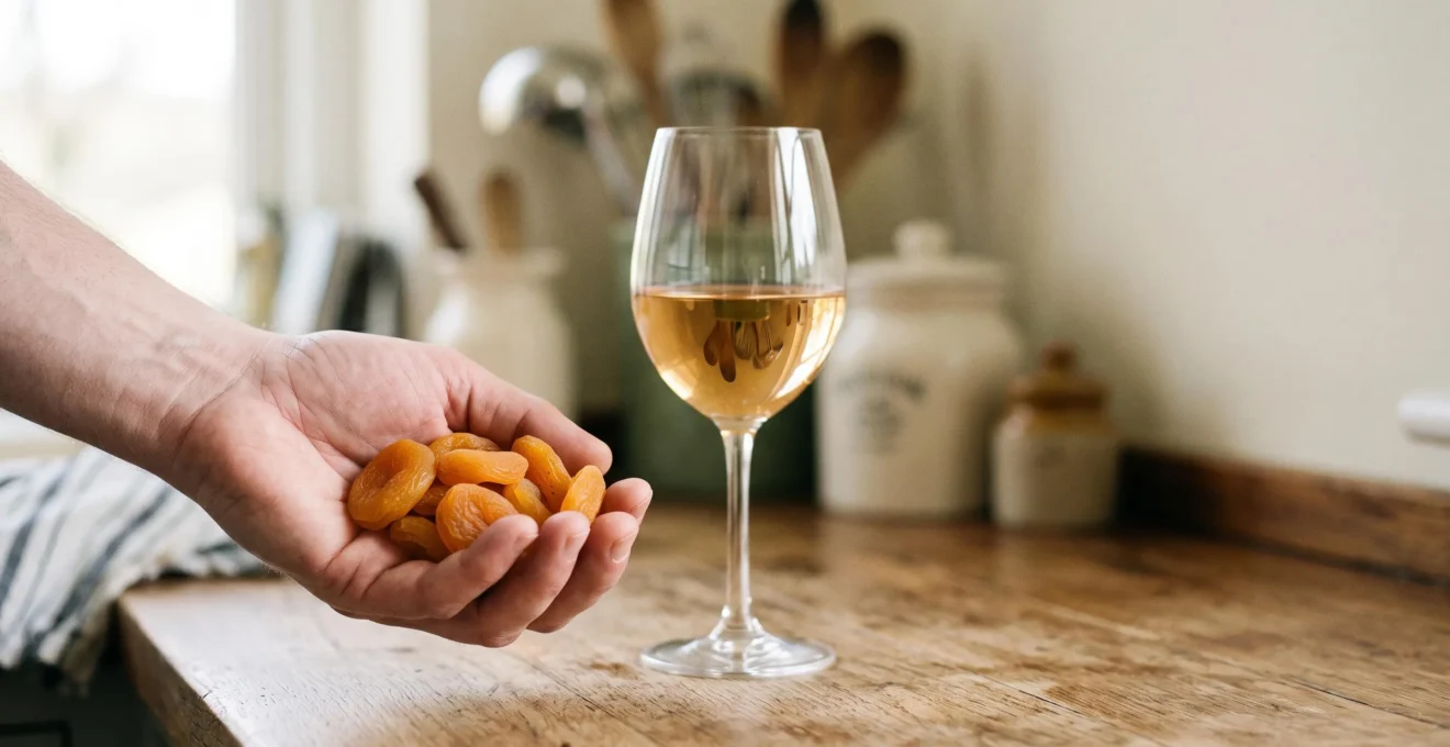 Gros plan éditorial sur une main tenant délicatement un fruit sec et un verre de vin, symbolisant la vigilance face aux additifs alimentaires allergisants