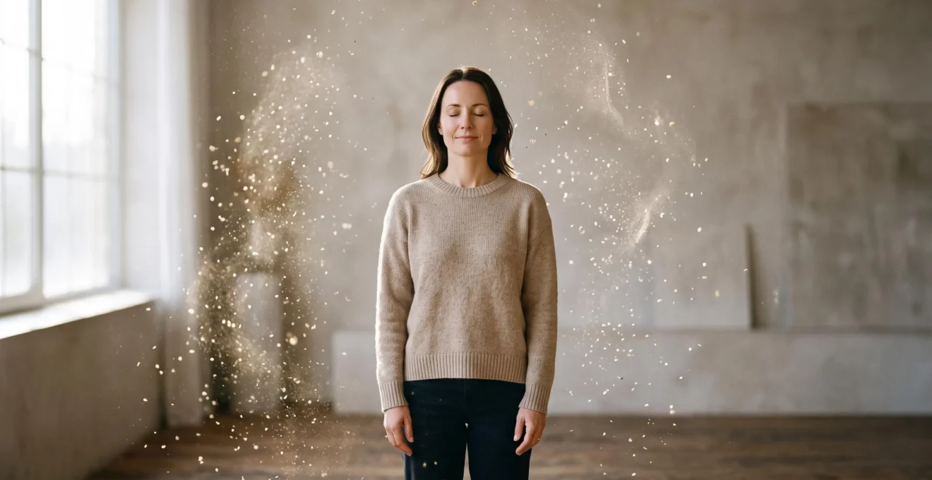 Personne debout sereinement au centre d'un tourbillon de particules symbolisant les allergènes, illustrant la stabilité émotionnelle face à la maladie chronique