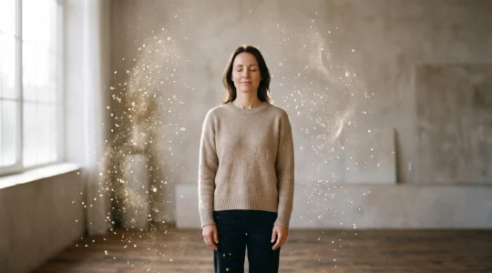 Personne debout sereinement au centre d'un tourbillon de particules symbolisant les allergènes, illustrant la stabilité émotionnelle face à la maladie chronique