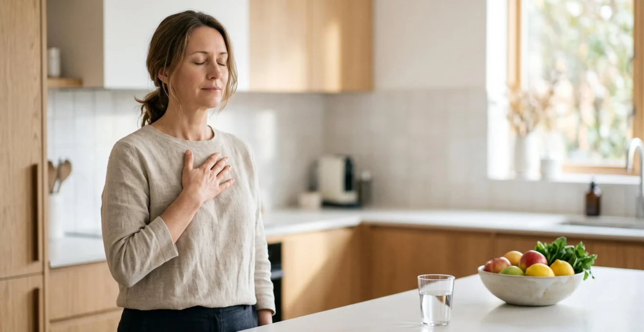 Une personne respire calmement dans une cuisine lumineuse, symbolisant la maîtrise sereine des réactions allergiques au quotidien