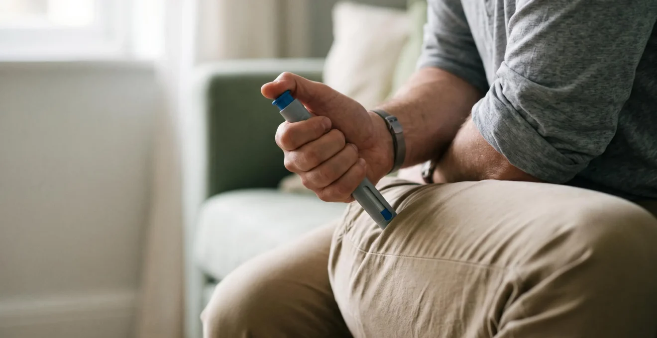 Une main tenant fermement un auto-injecteur d'adrénaline générique contre la cuisse, dans un geste calme et maîtrisé face à l'urgence