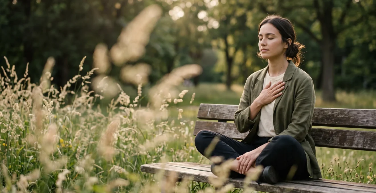 Personne assise sereinement en extérieur au milieu d'un environnement naturel malgré la présence de pollen, illustrant la maîtrise du stress lié aux allergies