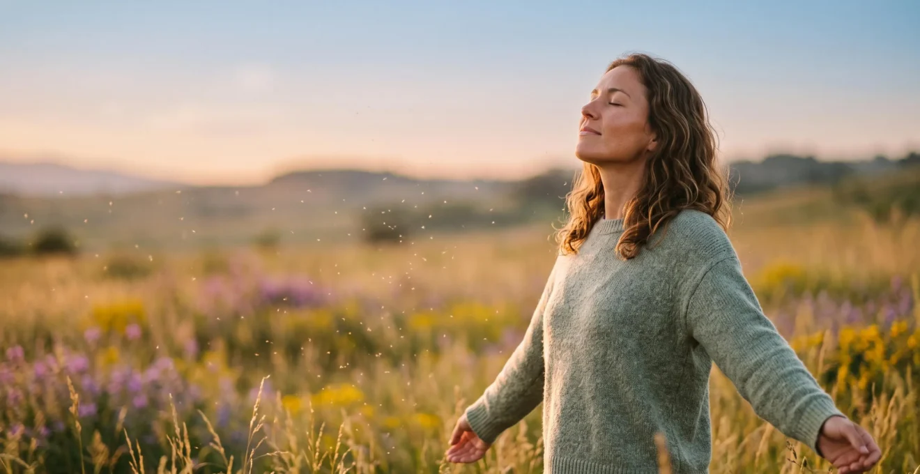 Personne respirant librement en extérieur au milieu de particules de pollen en suspension, symbolisant la libération progressive des réactions allergiques