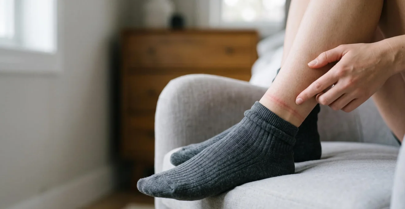 Gros plan éditorial sur une marque de pression laissée par un élastique de vêtement sur la peau, illustrant une irritation cutanée invisible au premier regard