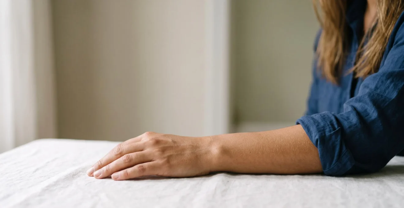 Avant-bras avec une peau apaisée et régénérée après un eczéma de contact, texture saine mise en valeur par une lumière douce