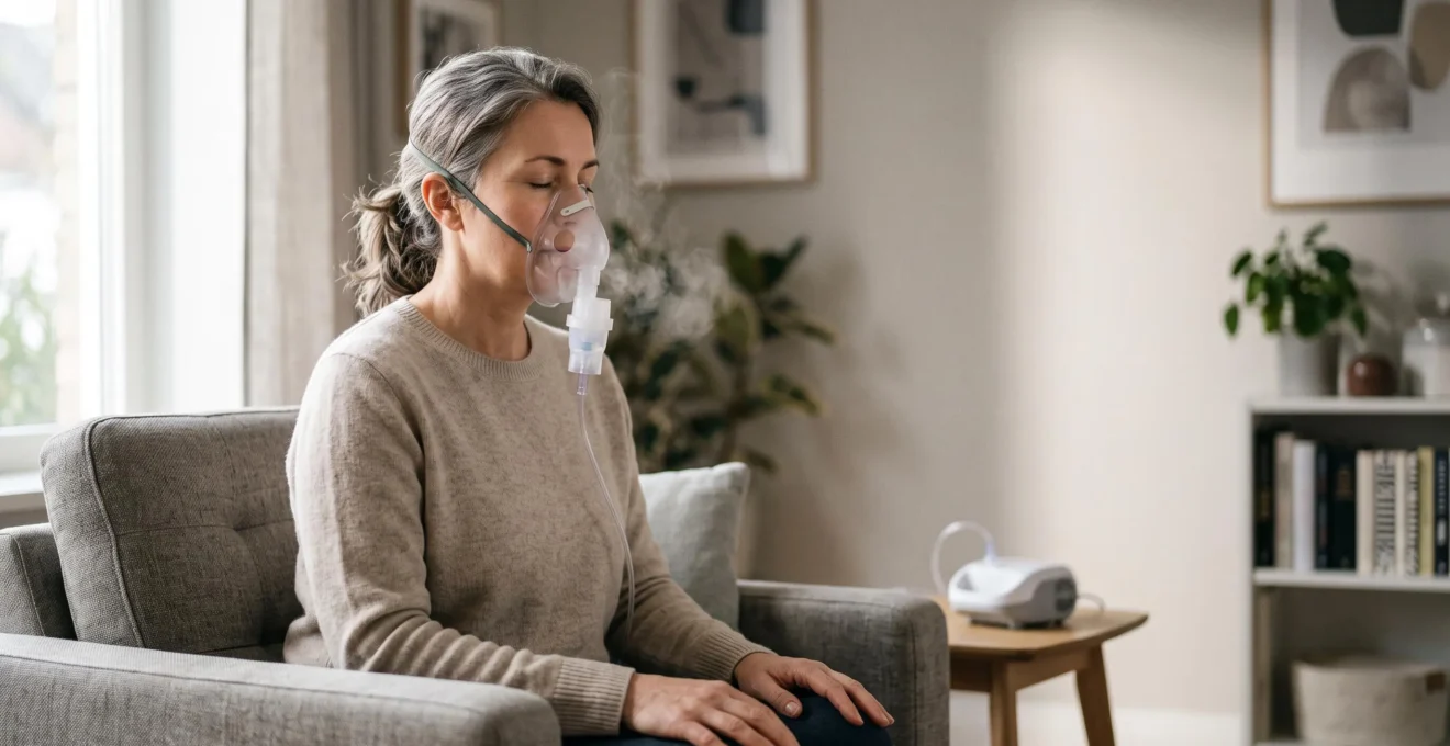 Personne assise à domicile utilisant un nébuliseur avec masque facial pour traiter une crise d'asthme allergique