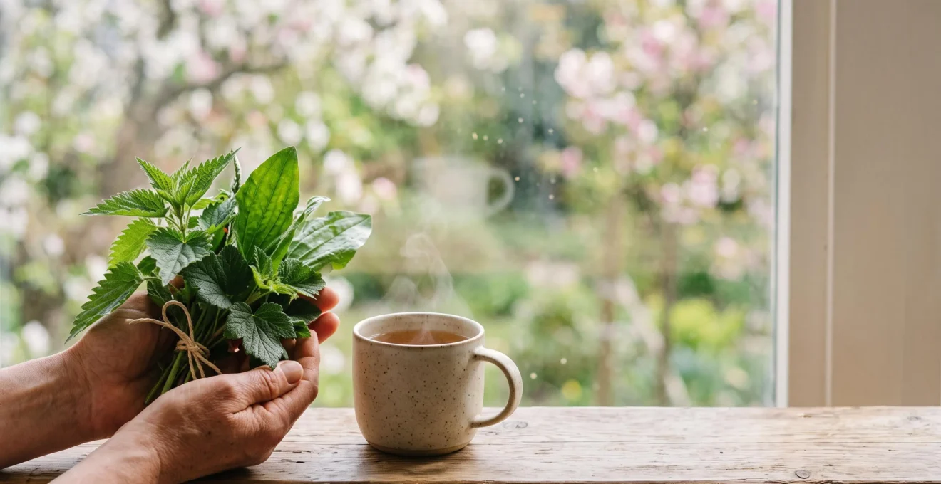 Mains tenant délicatement des plantes médicinales fraîches et une tisane près d'une fenêtre lumineuse, symbolisant l'approche complémentaire contre les allergies saisonnières