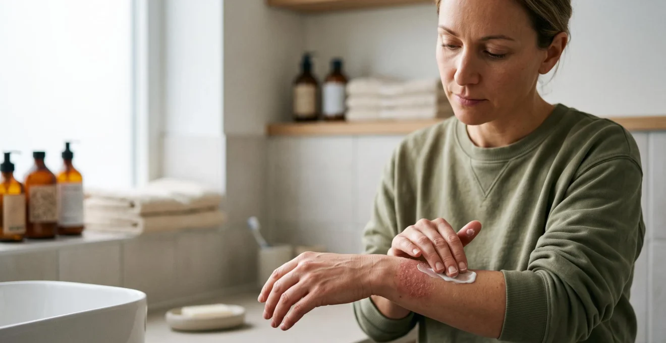 Bras présentant une plaque d'eczéma allergique en cours de soin délicat pour illustrer la prévention de l'infection