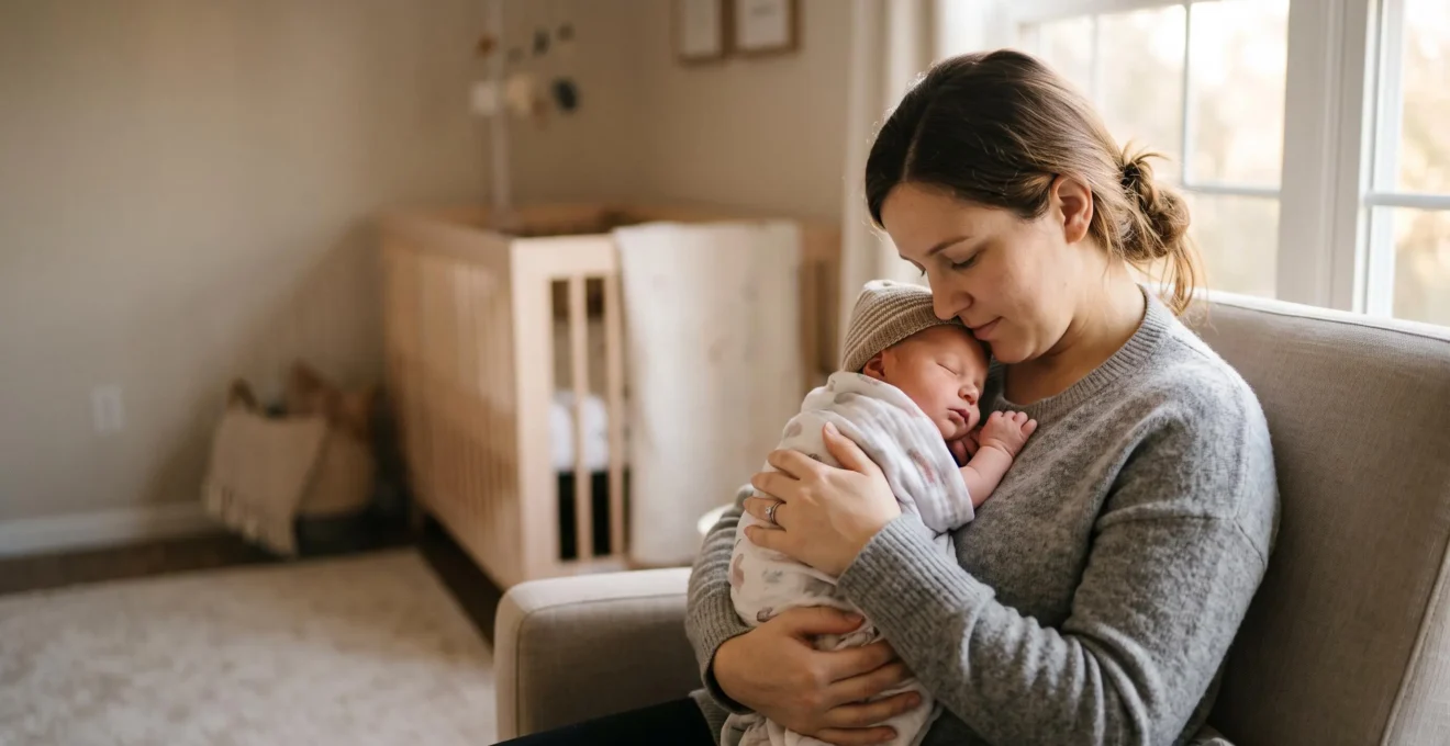 Parent tenant tendrement un nourrisson dans une lumiere douce, symbolisant la prevention precoce des allergies