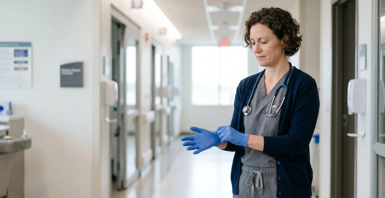 Professionnel de santé enfilant des gants sans latex dans un environnement de soin lumineux, symbole d'une carrière poursuivie malgré une allergie au latex