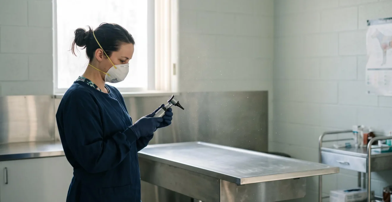 Professionnel travaillant avec des animaux portant un équipement de protection respiratoire dans un environnement clinique lumineux