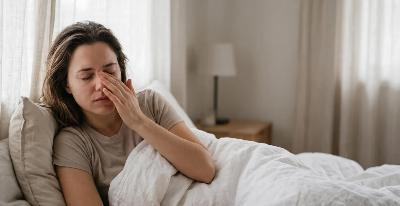 Personne se réveillant congestionnée dans un lit baigné de lumière matinale, illustrant le problème des acariens dans la literie