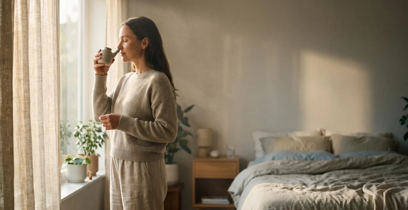 Personne effectuant un geste de soin nasal dans une chambre lumineuse et épurée, symbole d'une routine anti-allergène quotidienne