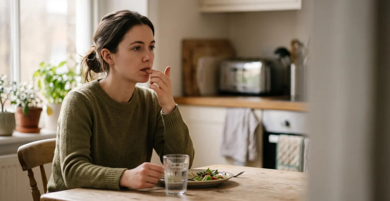 Jeune femme touchant délicatement ses lèvres avec une expression d'attention, illustrant la vigilance face aux premiers signes d'une réaction allergique