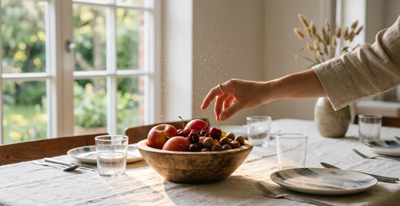 Une main hésitant au-dessus d'un plat de fruits frais et de pain sur une table dressée, symbolisant la vigilance face aux allergies alimentaires croisées