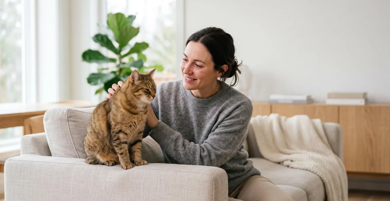 Une personne caresse tendrement un chat dans un salon lumineux et epure, illustrant la cohabitation possible malgre une allergie