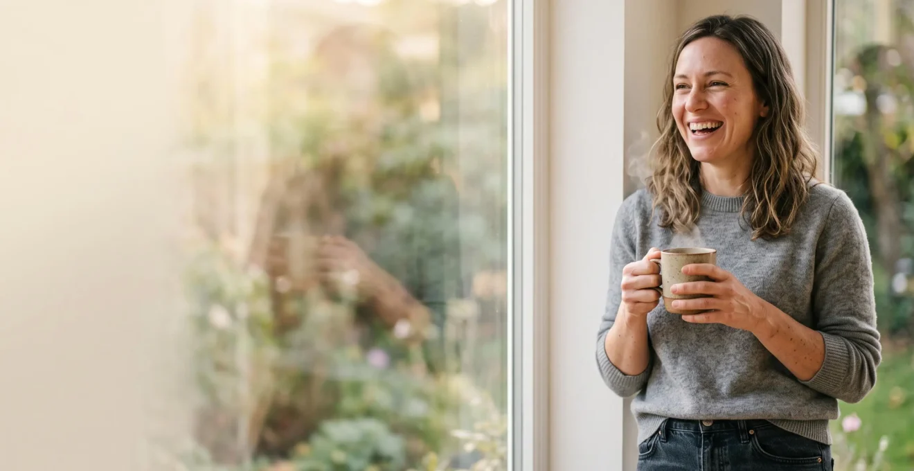 Adulte souriant profitant d'un moment de vie quotidienne en extérieur, peau visible et apaisée, sans que la maladie ne soit le centre de l'image